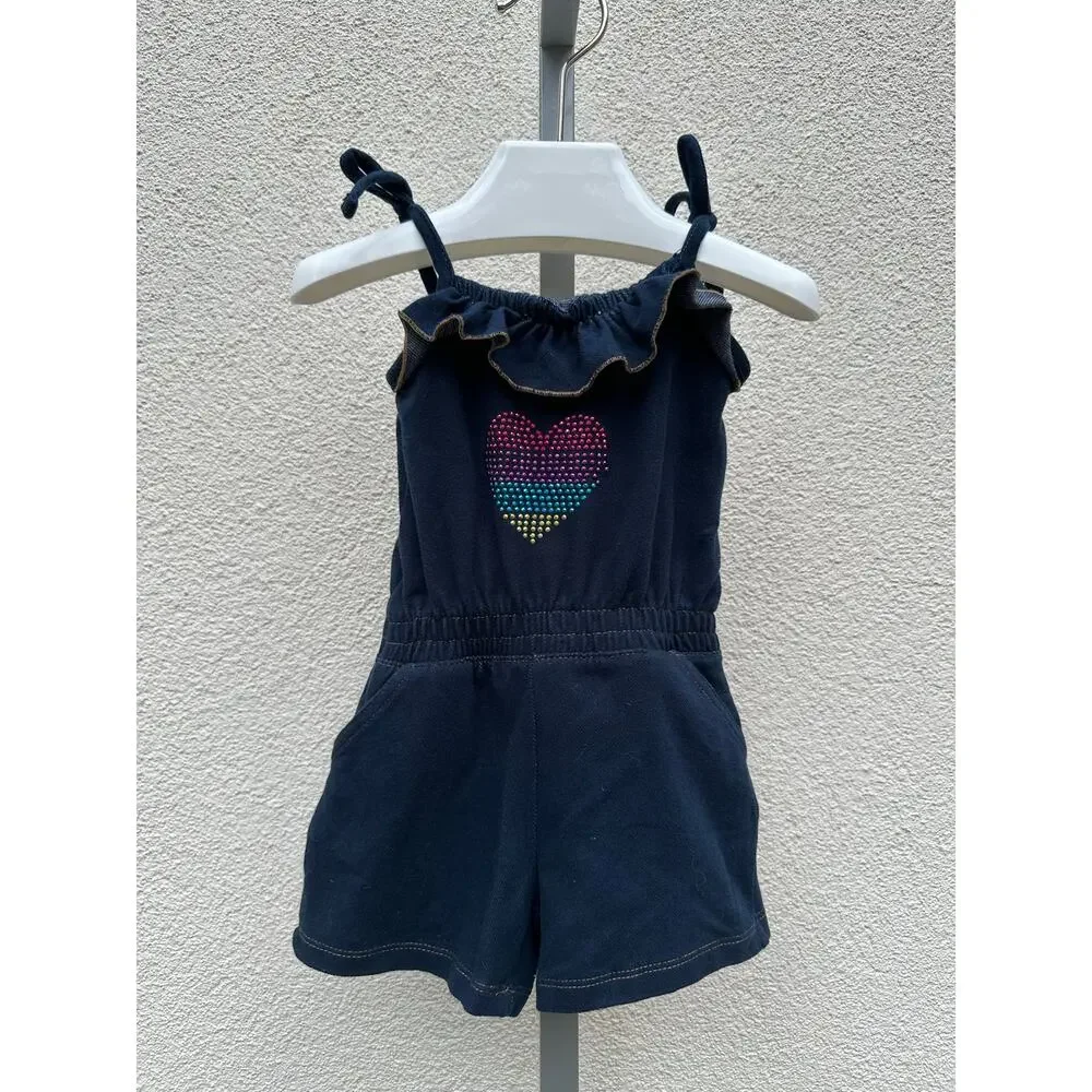 Pink House Ruffled Romper Heart Motive, Baby Size 2T, Navy Blue